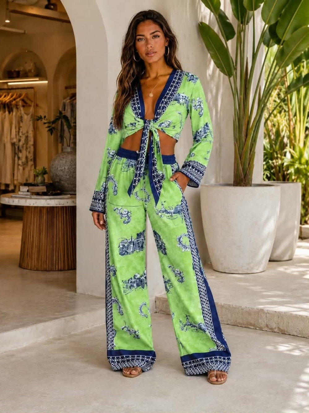 Endless Moon Printed Wide-Leg Jumpsuit with Tie-Front in Lime Green